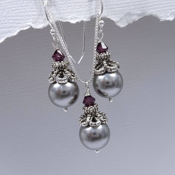 Plum Jewelry Set, Mothers of the Bride and Groom Gift,  Swarovski Gray Pearl and Amethyst Purple Crystal Jewelry Set, Grey Wedding Jewelry