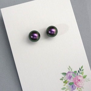 Iridescent Purple Stud Pearl Earrings, Bridesmaid Earrings, Purple Pearl Earrings