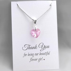 Collier coeur rose fille d&#39;honneur, collier en argent sterling avec carte de remerciement, cadeau de mariage pour fille d&#39;honneur, pendentif coeur en cristal rose