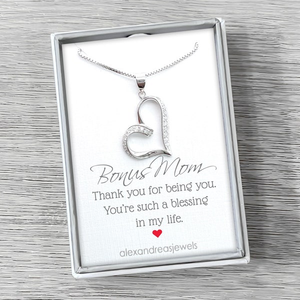 Mothers Day Gift for Stepmom Sterling Silver Heart Necklace Stepmother Birthday Present Bonus Mom Stepmother of the Bride Gift Wedding