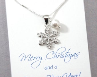 Sterling Silver Snowflake Necklace with Pearl, Winter Wedding Necklace, Winter Necklace,Bridesmaid Necklace, Christmas Snowflake Necklace