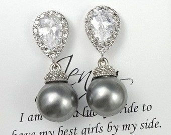 Bridesmaid Earrings, Swarovski 10mm Grey Pearl Earrings, Wedding Earrings, Pearl Earrings, Gray Pearl Earrings, Wedding Earrings