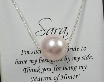 Large Floating Pearl Necklace, Pink Floating Pearl Necklace, Single Pearl Bridesmaid Necklace, Blush Pink Pearl Necklace, Light Pink Pearl