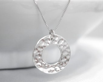 Sterling Silver Ring Necklace, Sterling Silver Disc Necklace, Sterling Silver Eternity Nekclace, Hammered Circle Necklace