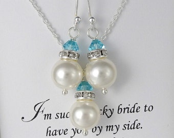 Bridesmaid Gift White Pearl and Light Turquoise Crystal Necklace and Earring Set, Wedding Jewelry Set, Maid of Honor Gift, Gift for Her