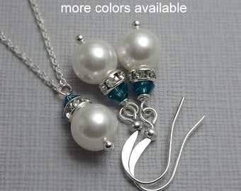 Personalized Bridesmaid Gifts, Swarovski White Pearl and Teal Jewelry Set, Bridal Party Jewelry, Bridesmaid Jewelry