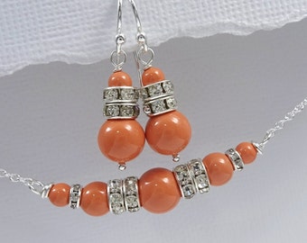 Coral Jewelry Set, Coral Pearl Bridesmaid Gift, Swarovski Coral Bridesmaid Jewelry Set, LivingCoral Wedding Jewelry Set, Orange Wedding