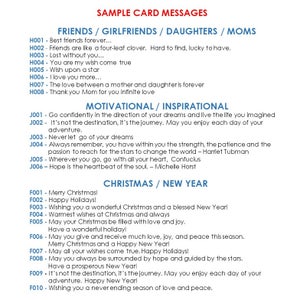 May include: A list of sample card messages categorized into Friends/Girlfriends/Daughters/Moms, Motivational/Inspirational, and Christmas/New Year. The messages are in a clear, easy-to-read font, with a white background.