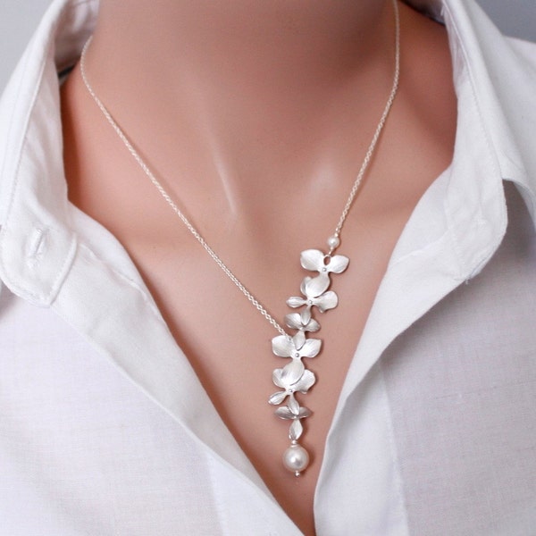 Bridesmaid Gift Necklace, Orchid Necklace Cascade Orchid and Swarovski Pearl Necklace, Bridesmaid Jewelry, Bridesmaid Necklace Gift for Her