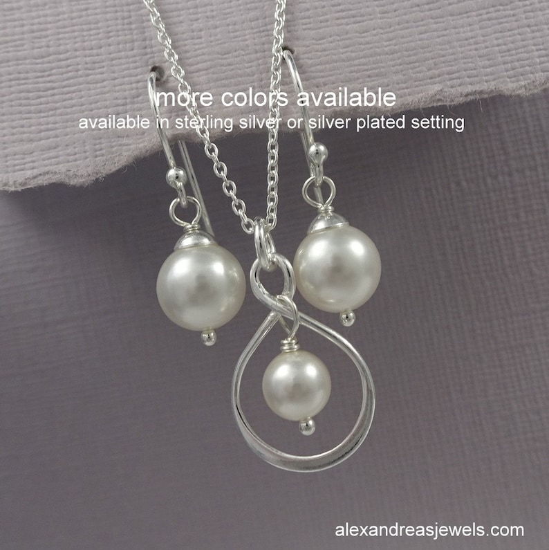 Bridesmaid Proposal White Pearl Infinity Necklace and Earring Set Bridesmaid Gift Jewelry Set Infinity Necklace Sterling Silver Infinity