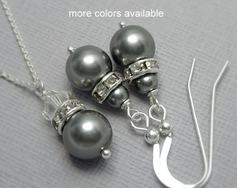 Custom Color, Grey Pearl Bridesmaid Jewelry, Gray Pearl Bridesmaid Necklace and Earring Set, Bridesmaid Jewelry Set Gray Wedding Jewelry Set