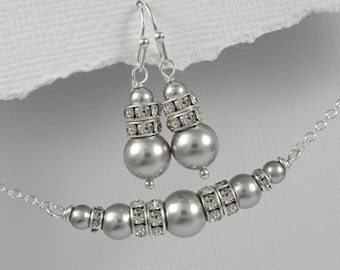 Light Grey Wedding Jewelry Set, Swarovski Light Grey Pearl Jewelry Set, Bridesmaid Jewelry Set, Grey Bridesmaid Gift, Light Grey Jewelry Set