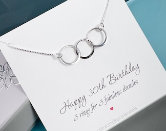 30th Birthday Necklace, Three Rings for Three Decades, Interlocking Circles Necklace, Co-Worker Gift, Mom Gift, Sister Gift, Birthday Gift