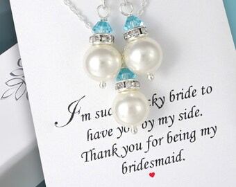 Bridesmaid Gift White Pearl and Light Turquoise Crystal Necklace and Earring Set, Wedding Jewelry Set, Maid of Honor Gift, Bridal Party Gift