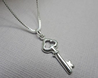 Tiny Sterling Silver Key Necklace, Sterling Silver Key Pendant on Sterling Silver Necklace Chain, Silver Necklace, Gift for Her