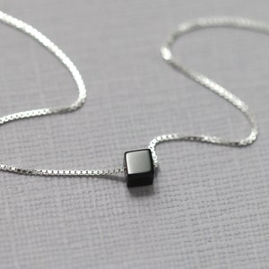 Black Onyx Necklace, Black Necklace, Black Onyx Tiny Cube Necklace, Sterling Silver Layering Necklace, Sterling Silver Necklace Gift for Her