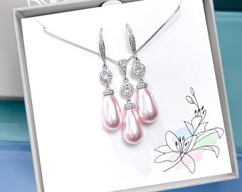 Light Pink Pearl Wedding Jewelry Set, Bridal Necklace and Earrings Set, Light Pink Pearl Wedding Jewelry, Prom Jewelry Set