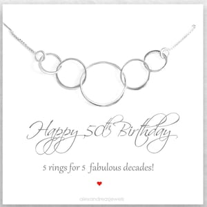 50th Birthday Necklace, Five Rings for Five Decades, Interlocking Circles Necklace, CoWorker Gift, Mom Gift, Sister Gift, Birthday Necklace