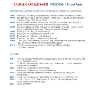 May include: A white card with red text, featuring sample card messages for a wedding. Categories include Bridesmaid, Maid of Honor, and Sisters, with various thank you messages. The card is designed for bridal party members.