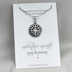 Collier en argent sterling, collier boussole, collier cadeau de retraite, collier Enjoy the Journey, cadeau pour retraité, carte de message personnalisable