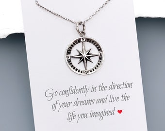 Small Sterling Silver Necklace Compass, Go Confidently In the Direction of Your Dreams, Graduation Gift Necklace, Graduate Gift