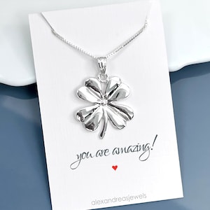 Large High Polish Sterling Silver Four Leaf Clover Pendant Necklace, St. Patrick&#39;s Day Gift, Good Luck Necklace, Best Friend Gift Necklace