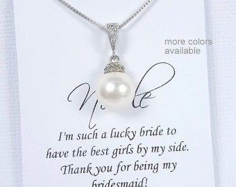 Bridesmaid Necklace, White Pearl Necklace, Single Pearl Necklace, Wedding Necklace, Swarovski Necklace, Bridesmaid Gift, Bridal Party Gift