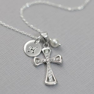 Personalized Cross Necklace, Sterling Silver, Baptism, Confirmation, Christening, Necklace, Godmother Gift, Goddaughter, First Communion