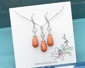 Coral Drop Pearl Wedding Jewelry Set, Bridal Necklace and Earrings Set, Orange Wedding Jewelry, Bridesmaid Jewelry Set