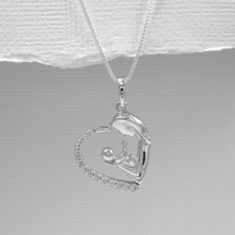 Mother and Child Necklace, Sterling Silver and CZ Mother and Child Necklace, Gift for New Mom, New Mom Gift, Baby Shower Gift, Gift for Wife image 1