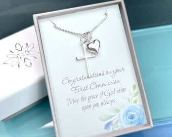 First Communion Gift Necklace, Sterling Silver Cross Necklace with Heart Charm, Confirmation Gift, Goddaughter Confirmation Gift