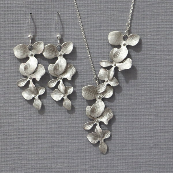 Orchid Jewelry Set, Mother of the Bride Gift,  Cascade Orchid Jewelry Set, Bridal Jewelry Set Bridesmaid Necklace and Earring Set