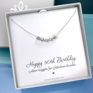 Happy 50th Birthday Necklace, Sterling Silver Necklace, Gift for Mom, Gift for Coworker, 5 Decades Necklaces, 5 Silver Nuggets Necklace