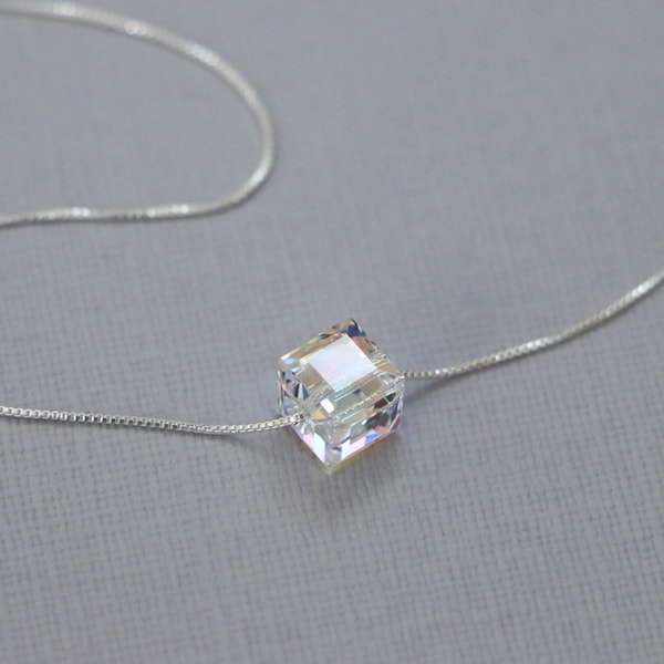 Swarovski Cube Necklace, Sterling Silver Necklace, Layering Necklace, Crystal Cube Necklace, Minimalist Necklace, Bridesmaid Necklace