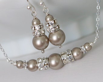Personalized Bridesmaid Gift, Swarovski Platinum Pearl Necklace and Earring Set, Bridesmaid Gift, Bridesmaid Jewelry Set, Maid of Honor Gift