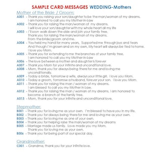 May include: A white paper with printed text titled "SAMPLE CARD MESSAGES WEDDING-Mothers". The text includes messages for the Mother of the Bride/Groom, Stepmother, and Grandmother, suitable for wedding cards.