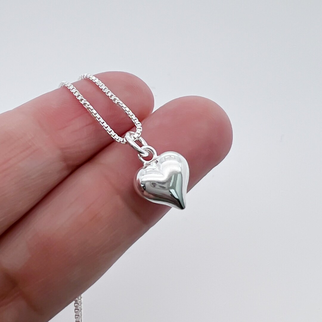 Genuine 925 Sterling Silver Puffed Heart Pendant Necklace – 14-24 Curb Chain