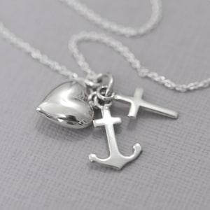 Faith Hope and Love Necklace,  Godmother Gift, Confirmation Necklace, Cross Necklace, Heart Necklace, Gift for Her, Gift for Mom
