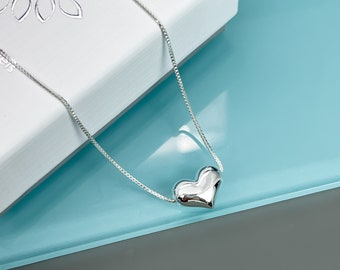 Sterling Silver Floating Puffed Heart Necklace, Sterling Silver Heart Choker Necklace, Daughter Birthday Gift, Girlfriend Gift, Wife Gift