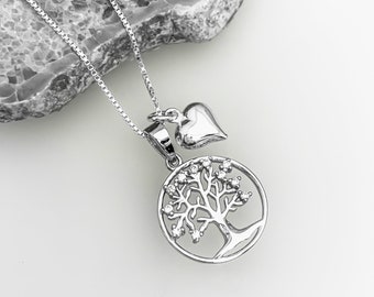 Mother's Day Gift, 925 Sterling Silver Tree of Life Necklace with Puffed Heart Charm Mother of the Bride Gift Mom Birthday Present Wife Gift