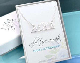 Sterling Silver Mountain Range Necklace, Adventure Awaits Necklace, Retirement Gift for Coworker Graduation Gift Necklace, Outdoors Jewelry