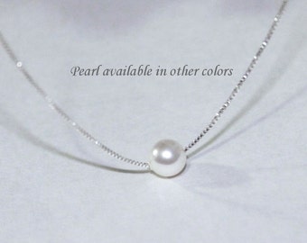 Floating Pearl Necklace, White Pearl Necklace, Custom Bridesmaid Gift, Swarovski White Pearl Necklace, Maid of Honor Gift, Gift for Her