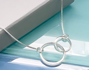 Tiny, Lightweight, Delicate and Dainty Sterling Silver Two Interlocking Circle Necklace, Double Ring Daughter Sister Birthday Gift