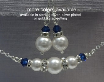 Navy Blue Bridesmaid Gift, Swarovski White Pearl and Navy Jewelry Set, Bridesmaid Jewelry Set,  Something Blue, Blue Wedding Jewelry