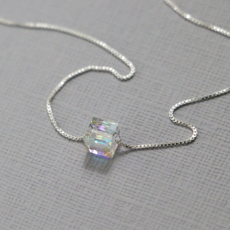 Crystal Cube Necklace, Sterling Silver Layering Necklace, Bridesmaid Necklace Gift for Her Bridesmaid Jewelry Personalized Bridesmaid Gift image 1