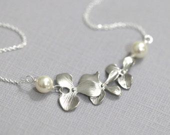 Orchid Necklace, Cascade Orchid  and Swarovski Pearl Necklace, Mother of the Bride Gift, Mother of the Groom Gift Necklace, Gift for Her