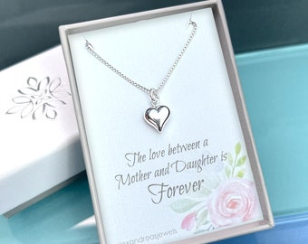 Mother Daughter Necklace, Tiny and Dainty Sterling Silver Puffed Heart Necklace, The Love Between a Mother and Daughter is Forever