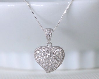 Sterling Silver CZ Heart Pendant Necklace, Sterling Silver Heart Necklace, Silver Heart Necklace