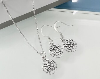 Tiny and Dainty Sterling Silver Celtic Knot Necklace and Earrings Set, Celtic Knot Earrings, Celtic Knot Necklace, Good Luck Charm Jewelry