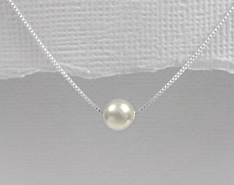 Floating Pearl Necklace, Pearl Necklace Wedding, Single Pearl Necklace, Simple Pearl Necklace, Gift for Wife, Gift for Girlfriend, Mom Gift